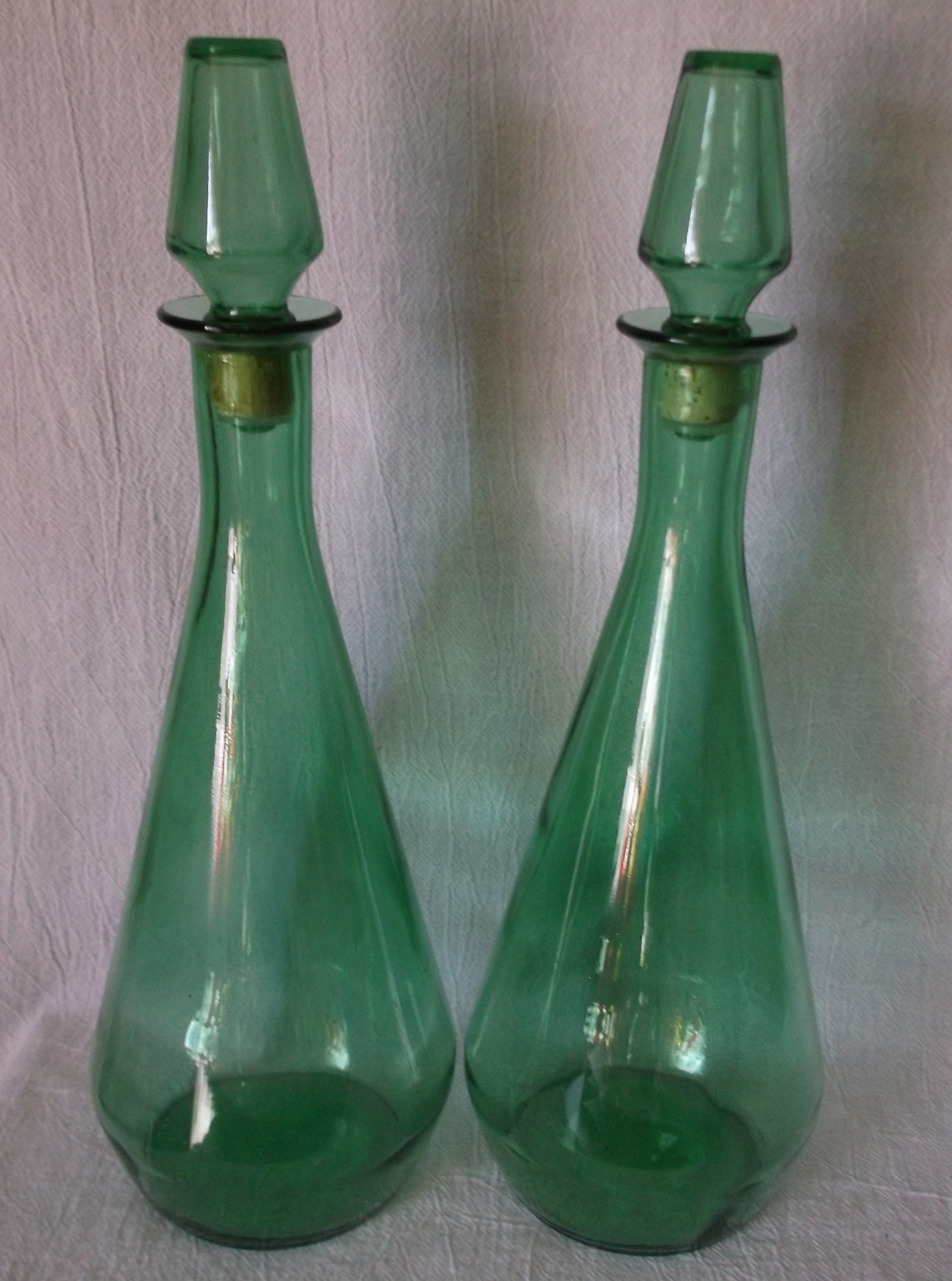PAIR Mid Century Decanter Genie Bottles Stoppers Teal Green Glass