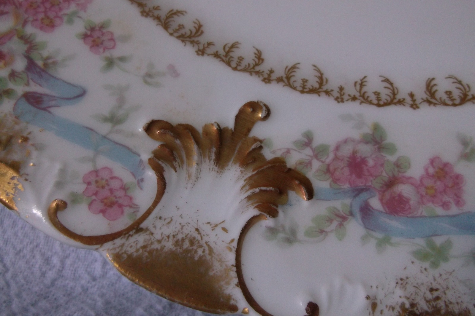 Ch Field Haviland Limoges GDA France Pink Flowers Blue Ribbon GOLD