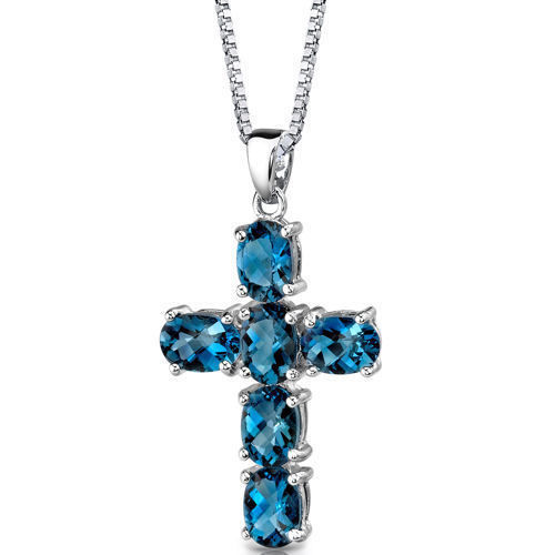 925 Cross Silver 14k White Gold Blue Topaz Cross Pendant Chain With Necklace 18" - $49.98