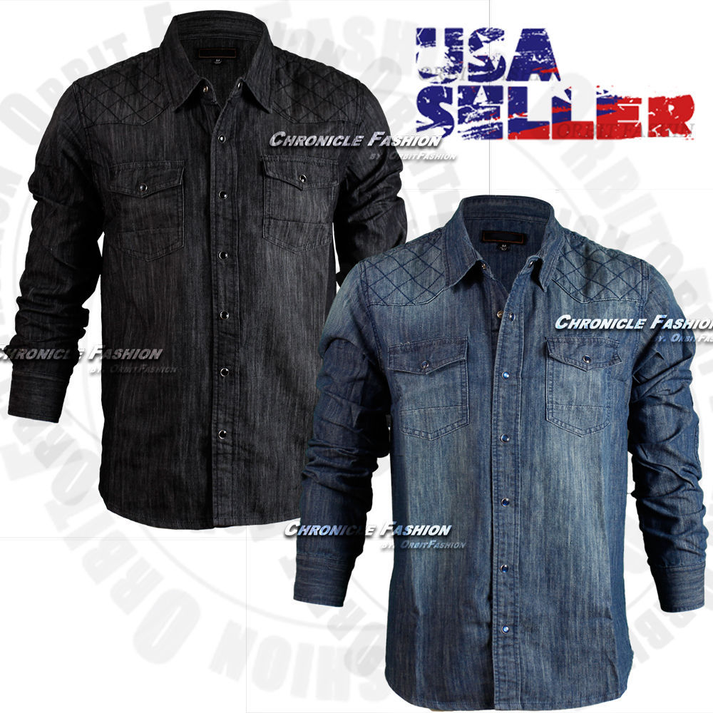 Image of Men's Button Down Denim Shirts Top Quilted Long Sleeves Casual Fashion Wash Slim