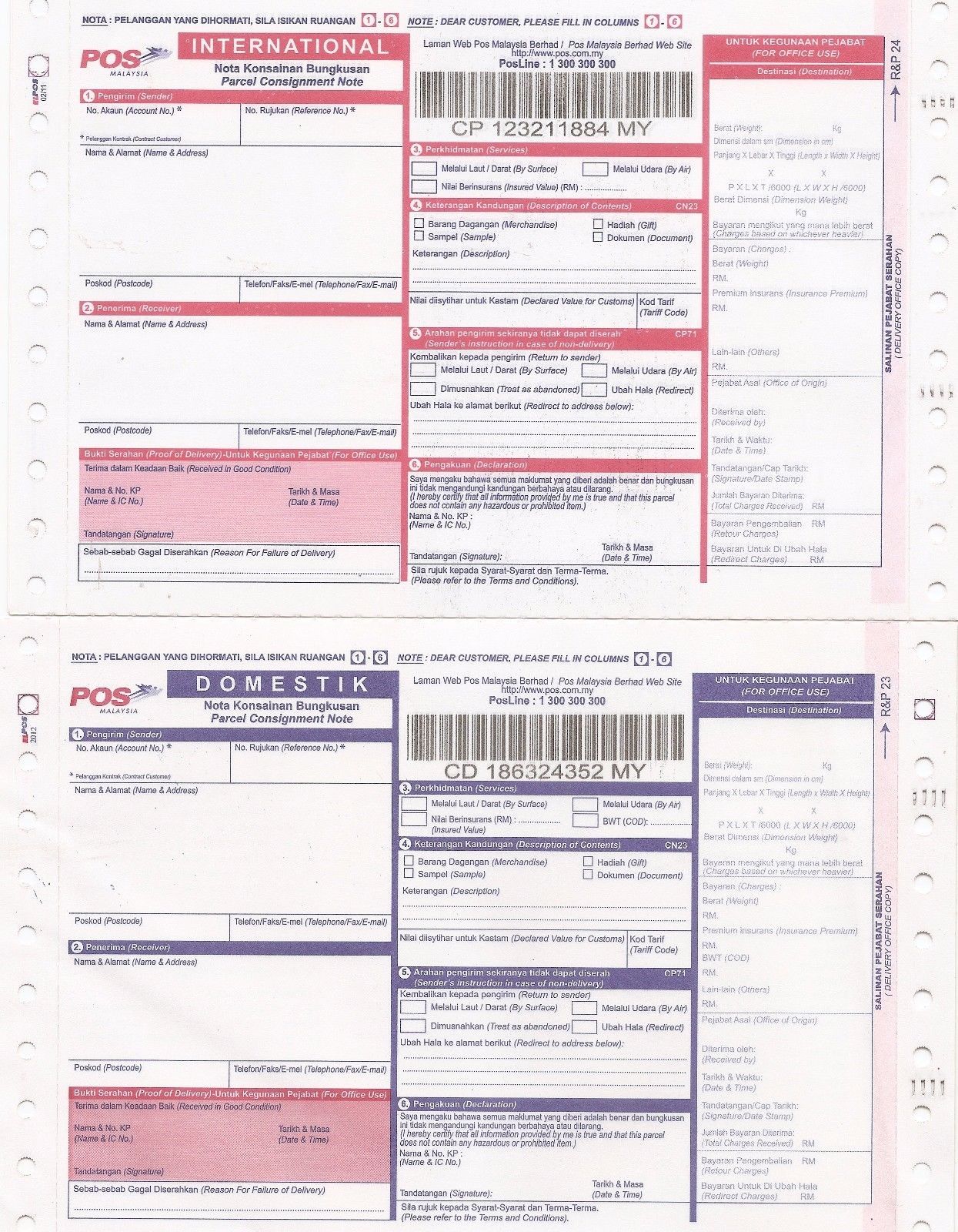 MALAYSIA Post Parcel Consignment Note Forms Domestic International
