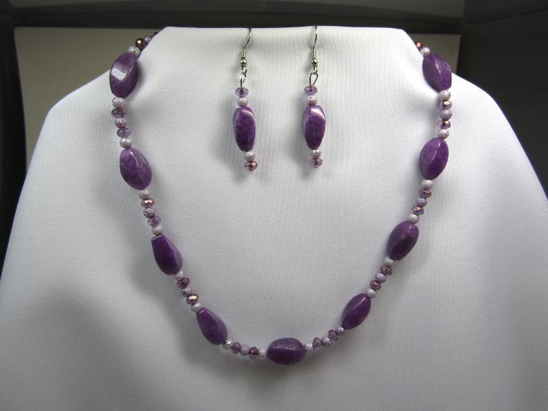 Purple Glass Oval Bead Choker Necklace & Earring Set Handmade