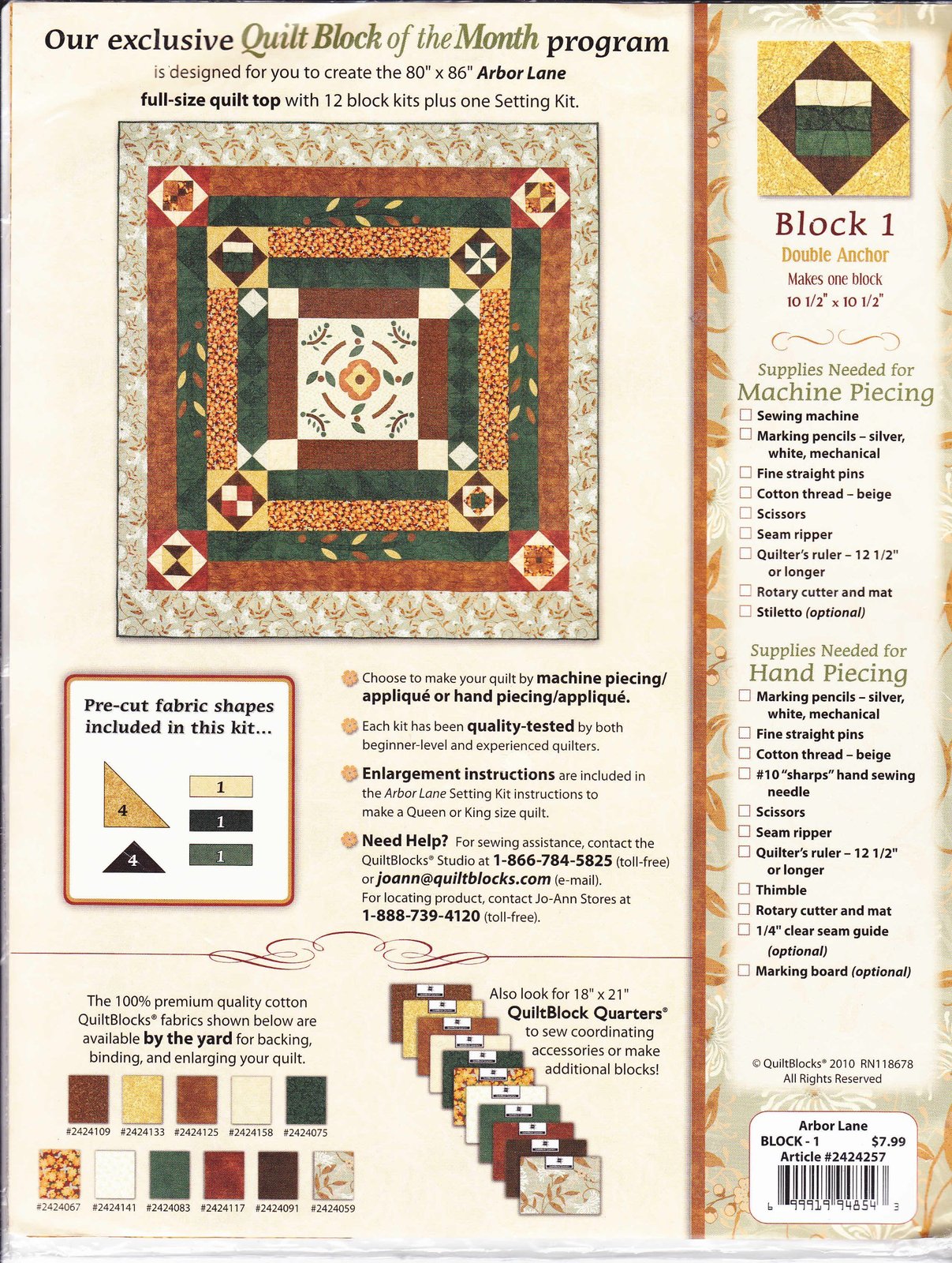 Joann Quilt Block of the Month Arbor Lane Collection 1 [Brand New