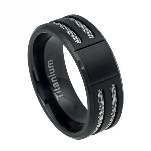 Men's Black Titanium Wedding Band Ring with Cable Inlay Bands without