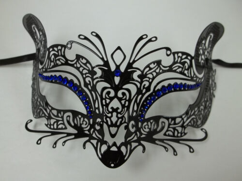 Black Blue Fox Cat Rhinestone Laser Cut Venetian Mask Masquerade Metal Filigree