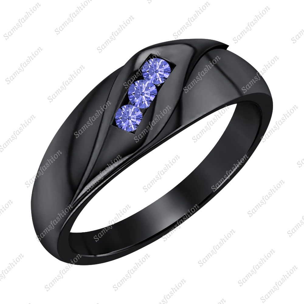 Round Cut Tanzanite 14k Black Gold Over .925 Sterling Silver 3 Stone Men's Ring