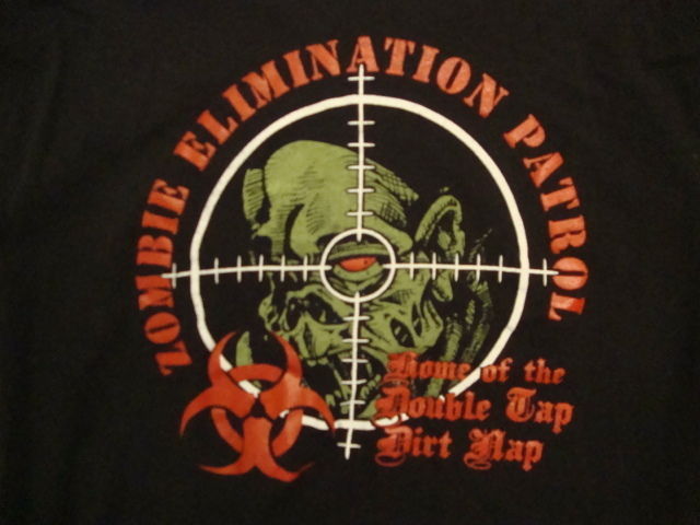 Primary image for Zombie Elimination Patrol "Home of the Double Tap Dirt Nap" Gun Scope T Shirt L