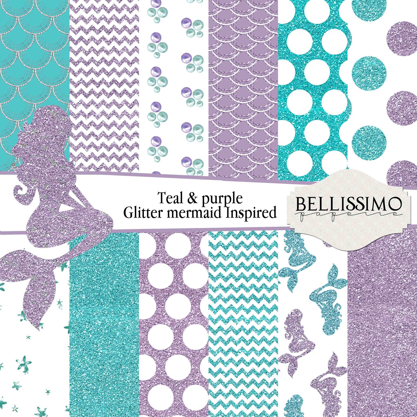 Teal Purple Glitter Mermaid Digital Paper 12"x12" Digital Paper INSTANT