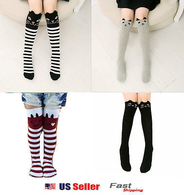 Toddlers Kids Girls Cotton Cat Striped Knee High Socks 2-7Y