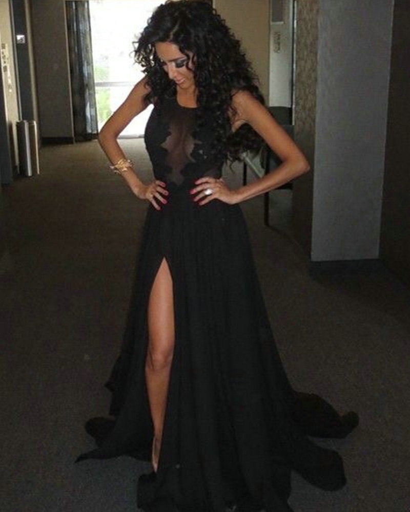 Long Black Chiffon Prom Dresses Scoop Neck Lace Applique Custom Made Party Dress
