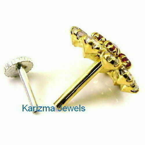 nose ear ring push pin real Asian 14k gold nose stud bridal Pink white CZ 