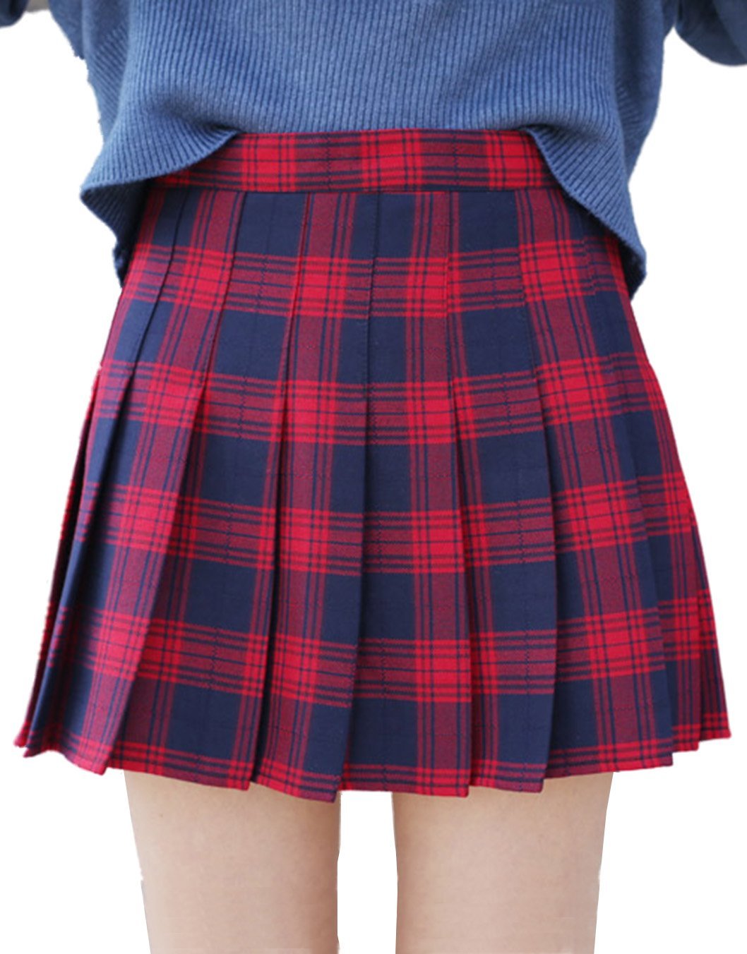 girl's High Waist Pleated Plaid Short School Uniform Skorts ( XL, Red blue )