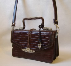 Brown Faux Croc Leather Purse Silver Metal Heart Trim Handbag Shoulder B... - $75.00
