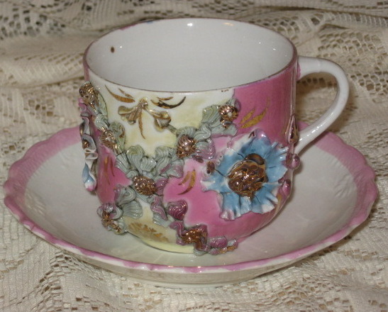 Primary image for Teacup & Saucer-Applied Flowers w/ Gold- Lusterware-Germany