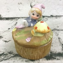 Vintage HOMCO Woodland Elf In Forest Mushroom Ceramic Trinket Box 3" With Lid - $14.84