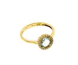 18K Yellow Gold Ring Cushion Round Blue Topaz And Cubic Zirconia Frame - $352.00