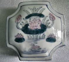 Trinket Box Lotus Flower Symbol Painted Blues Pinks Flora Ceramic Vintage - $19.99