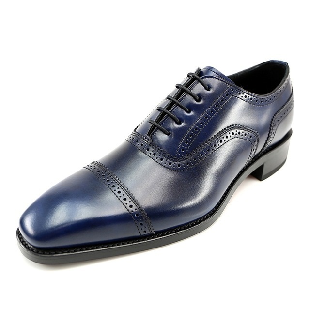 Men's Blue Oxford Plain Rounded Cap Toe Black Sole Vintage Leather Lace