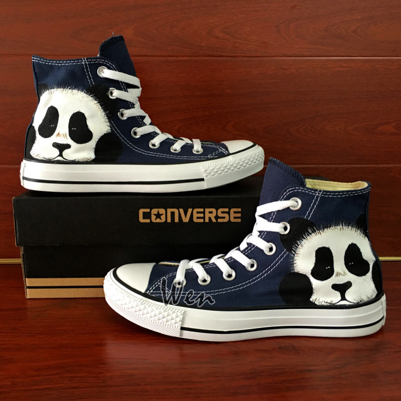 Converse All Star Cute Panda Hand Painted Shoes High Top Blue Canvas Sneakers