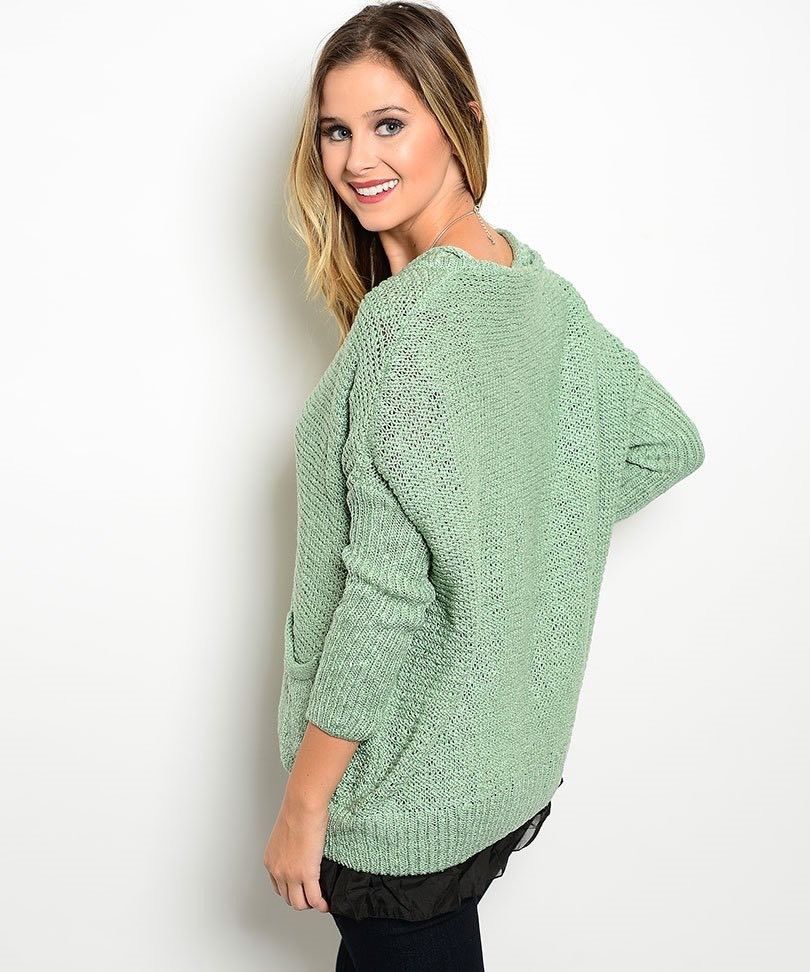 Sage Green 2 Pocket Cardigan Sweater w/ Black Netting Sz Small - Sweaters