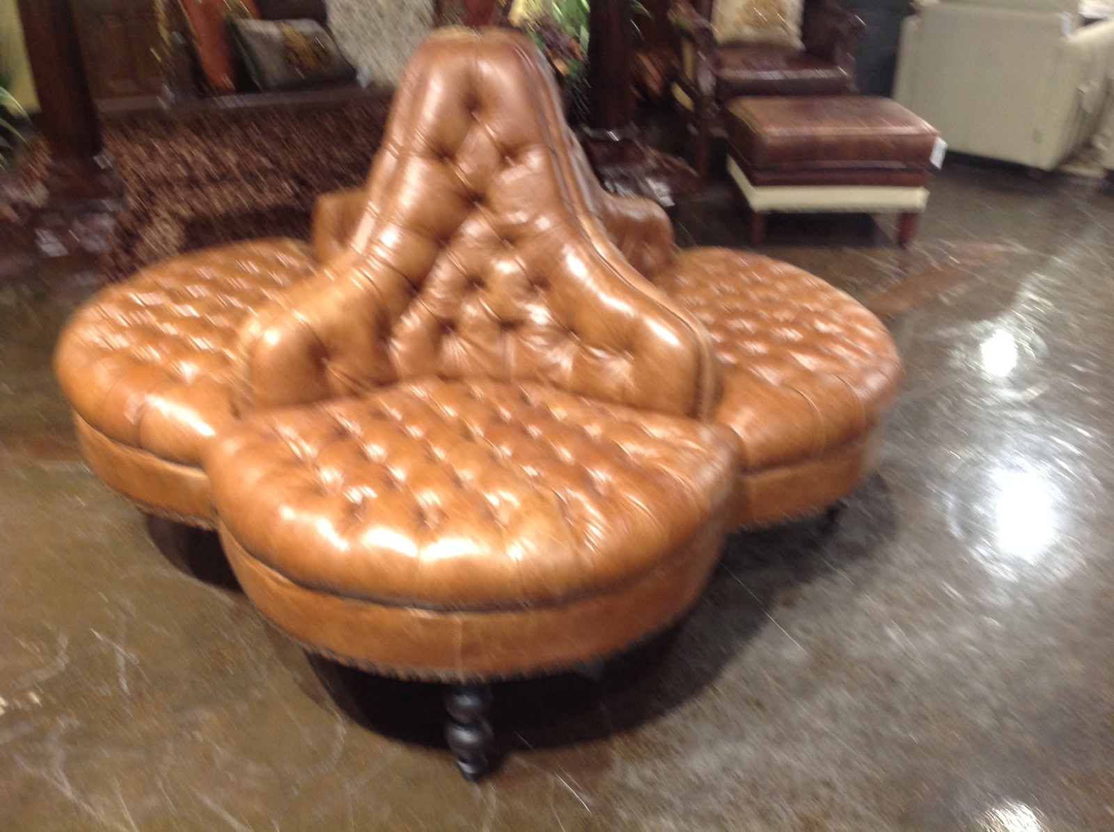 Classic Library Lobby Tufted Brown Italian Leather Round Sofa,57'' D