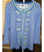 STORYBOOK SWEATER CARDIGAN BLUE WHITE WITH GREEN WALES PEARL ACCENT M - $41.39