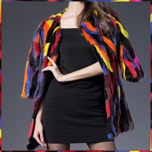 Genuine Luxury Multi Colored Dyed Strips of Mink Fur Three Quarter Sleeve Coat image 2