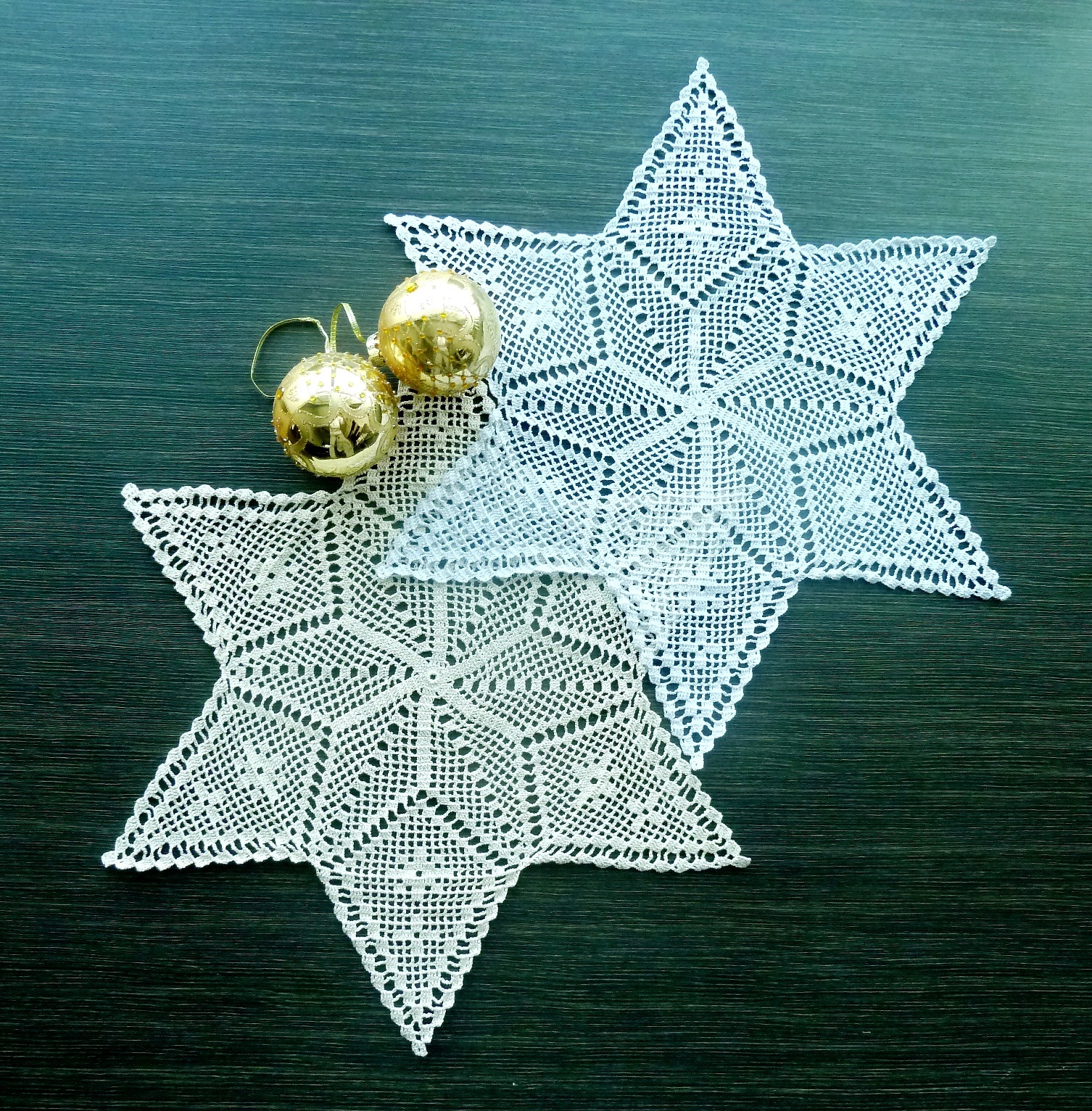 Gold and Silver Christmas Star Filet Crochet Doilies With Edging Hand