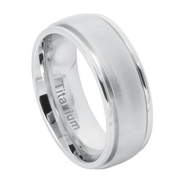 Men's White Titanium Domed Wedding Band Ring with Grooved Edges Bands
