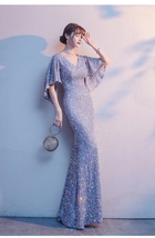 Women Maxi Sequin Dress Gowns Bat Sleeve High Waist Sequined Wedding Party Dress image 7