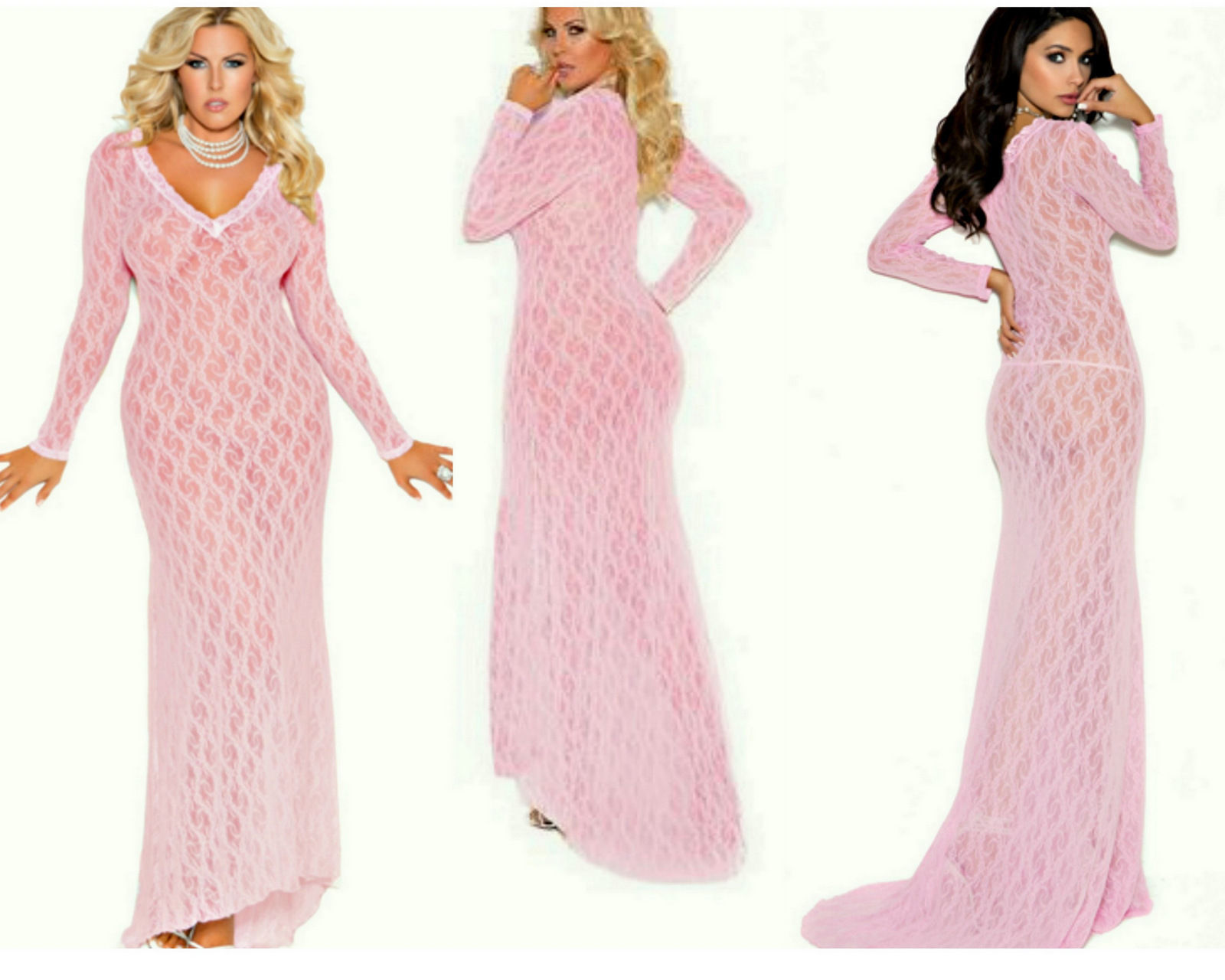 Primary image for Pink Stretch Lace Long Nightgown 1X Long Sleeves 
