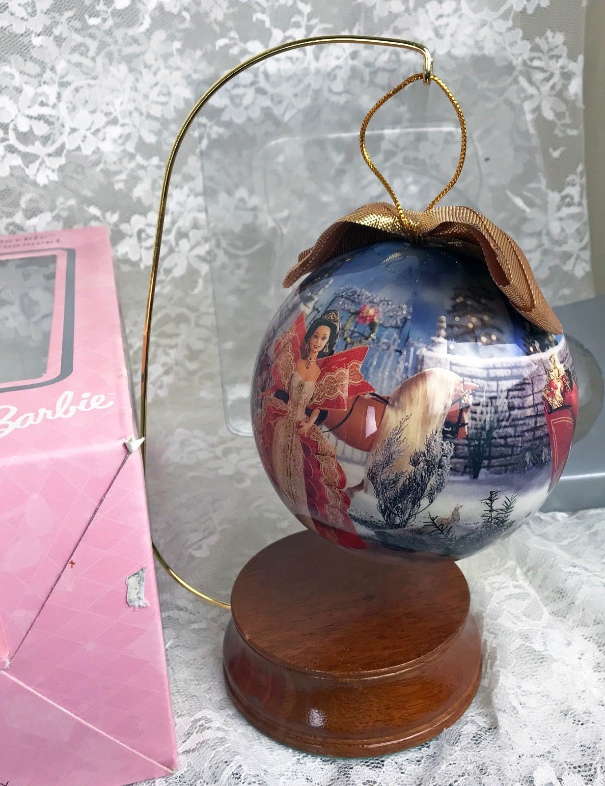 Vintage 1998 Barbie Holiday Christmas Decoupage Ornament 4" Globe Wooden Stand 