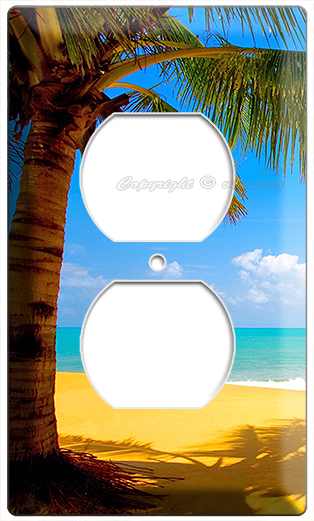 EXOTIC PALM TREE ON A PARADISE SANDY ARUBA BEACH POWER 2 OUTLET WALL PLATE COVER