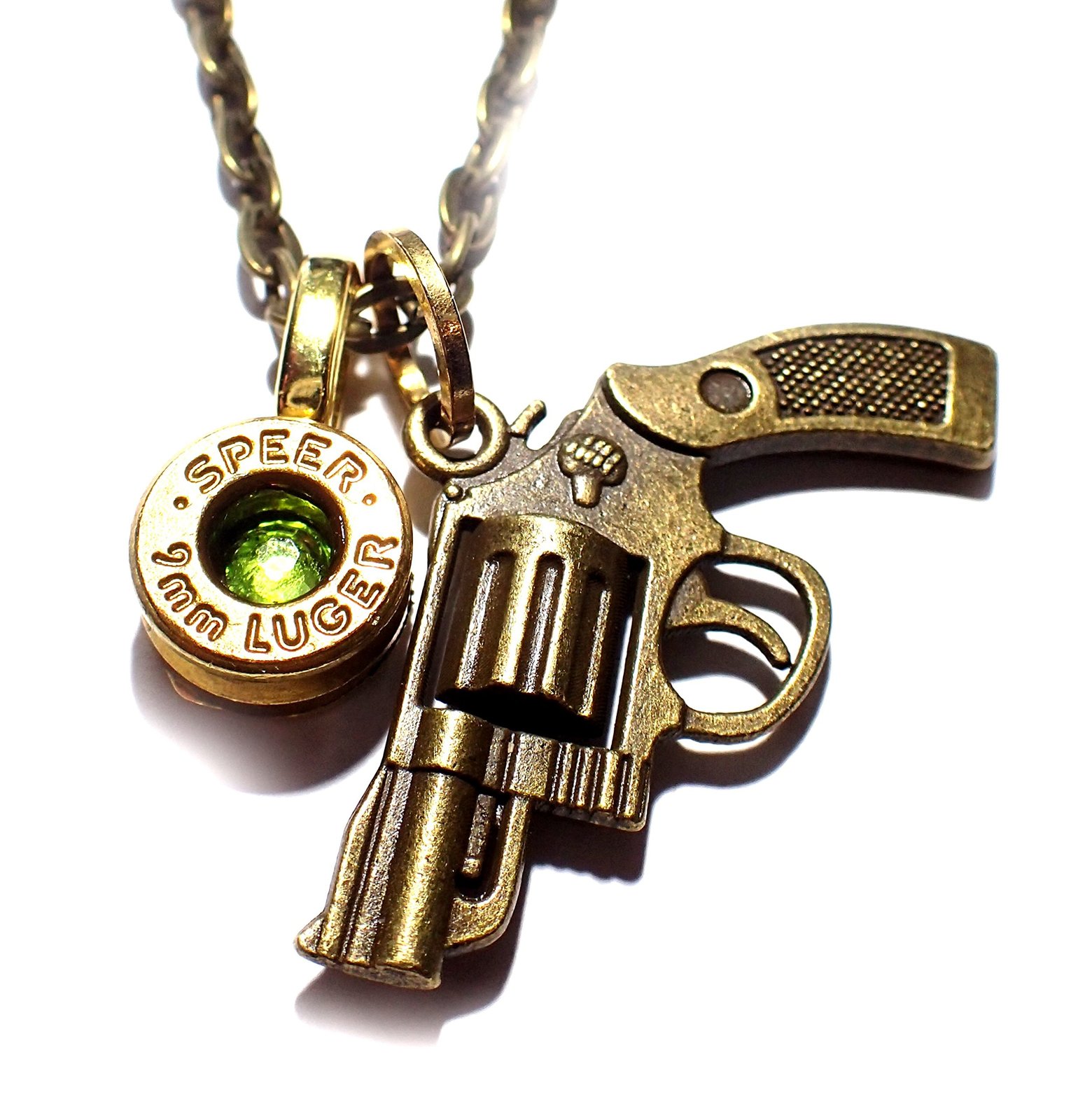 9mm Bullet head & Gun Necklace with link chain Peridot green crystal