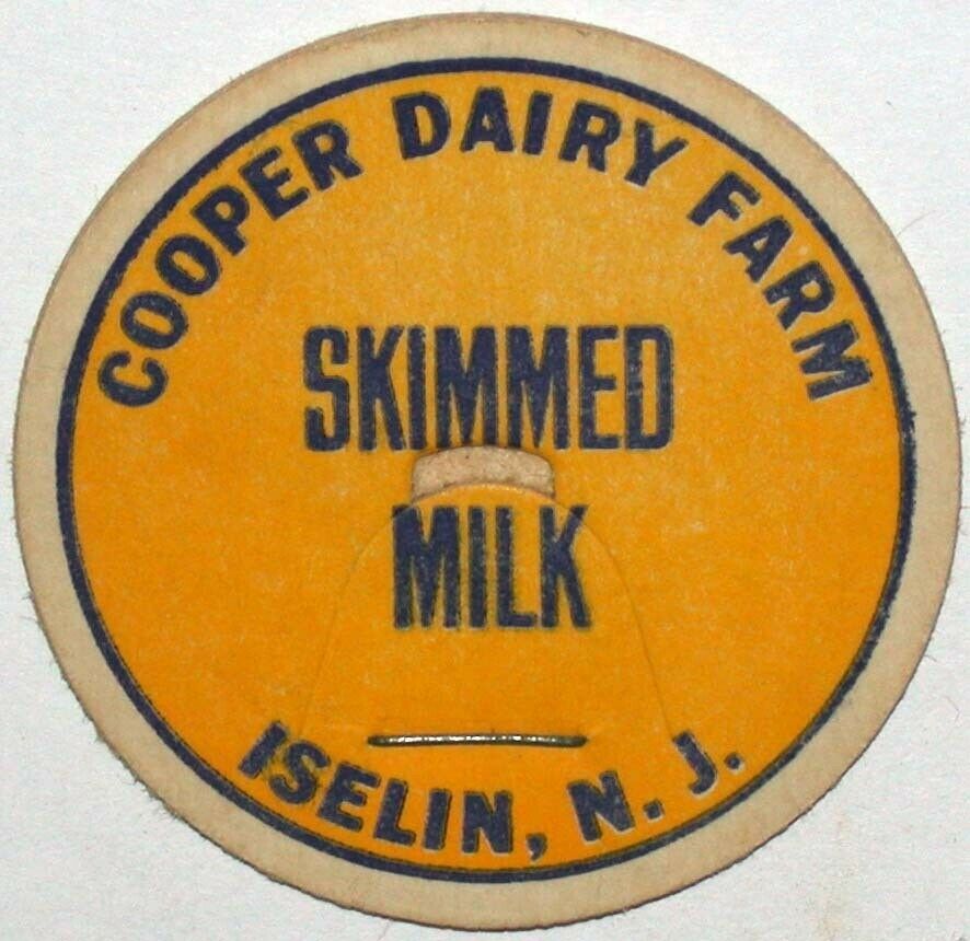 Vintage milk bottle cap COOPER DAIRY FARM Skimmed Milk Iselin New ...