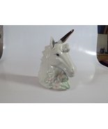 Glazed Porcelain Unicorn Head with Gold Horn and Pastel Flowers 6 1/4&quot; High - $9.99