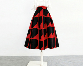 Women Vintage Inspired Red Black Midi Party Skirt Wool-blend Pleated Party Skirt image 2