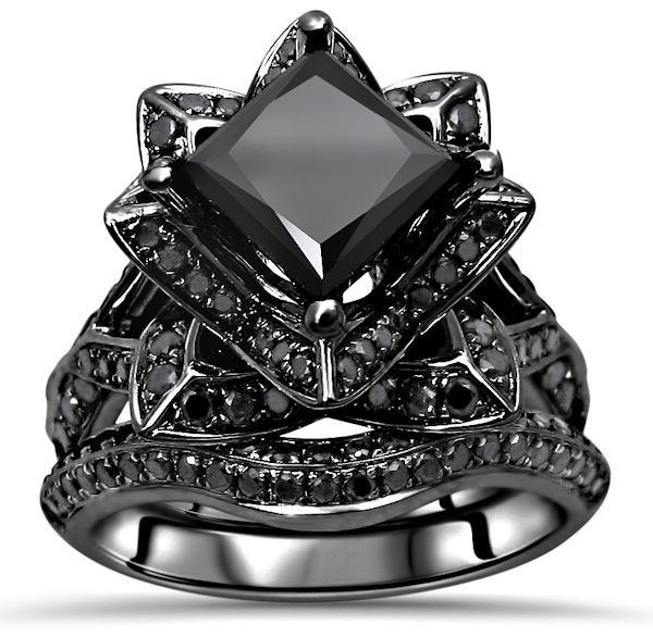 3.05 Ct Princess Cut Cubic Zirconia Engagement Ring Bridal Set 18k Black Gold Fn