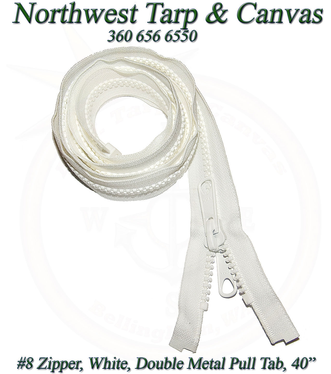 40/" Inch White #10 Separating YKK Zipper Vislon Double Metal Tab Slider