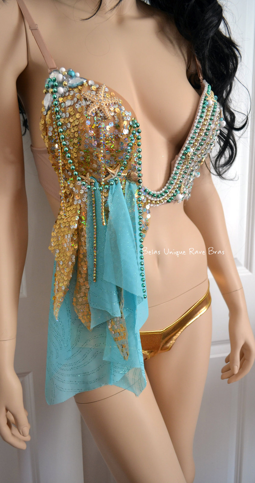 Gold Turquoise Siren Shell Mermaid Plunge Dance Costume Rave Bra Halloween