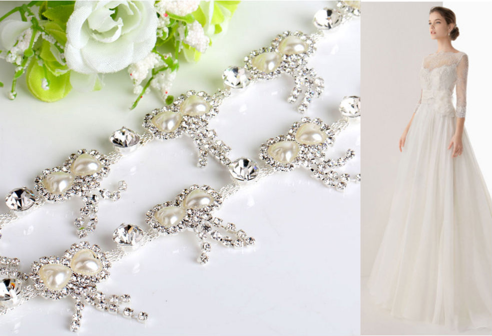Chain Rhinestone Clear Pearl Trim Sew Wedding Dress Shoes