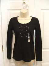 NWT Faded Glory Black Henley Cotton Blend Long Sleeve Top Size Junior SMALL-3-5 - $11.13