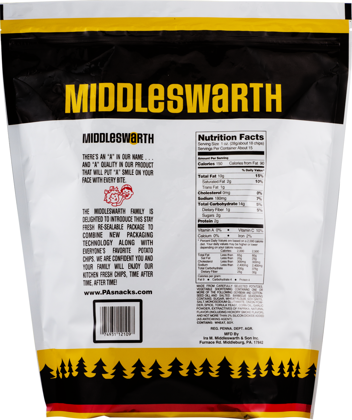 Middleswarth Potato Chips BarBQ Flavored! Big Bag 15 Oz. (4 Bags