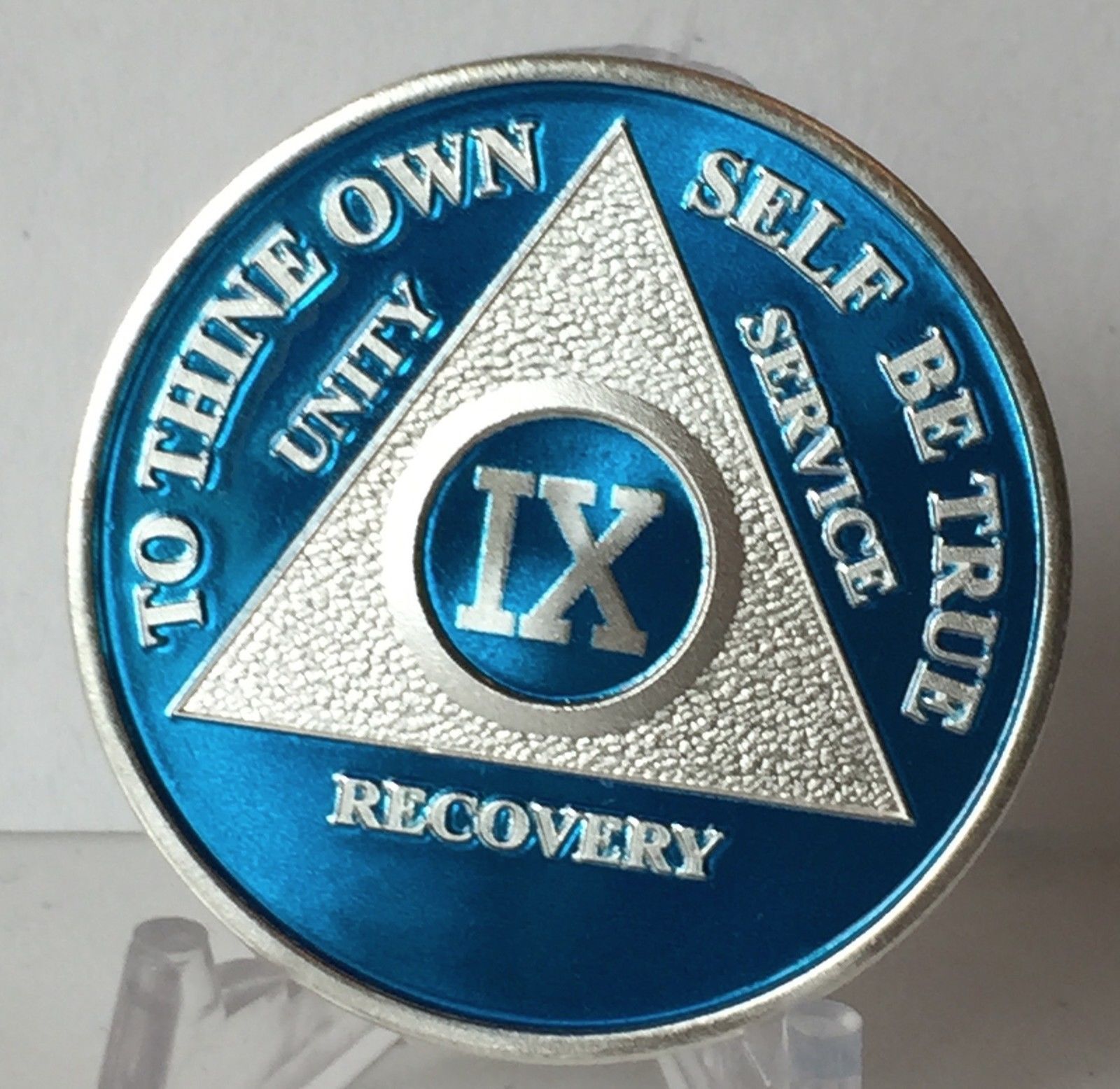 Blue Silver Plated 9 Year AA Chip Alcoholics Anonymous Medallion Coin
