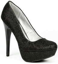Black Glitter High Stiletto Heel Round Toe Platform Pump Qupid Sin-01 - $29.99