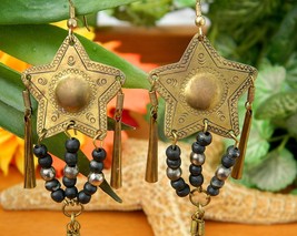 Vintage Brass Earrings Five Point Star Etched Dangle Drop Handmade - $19.95