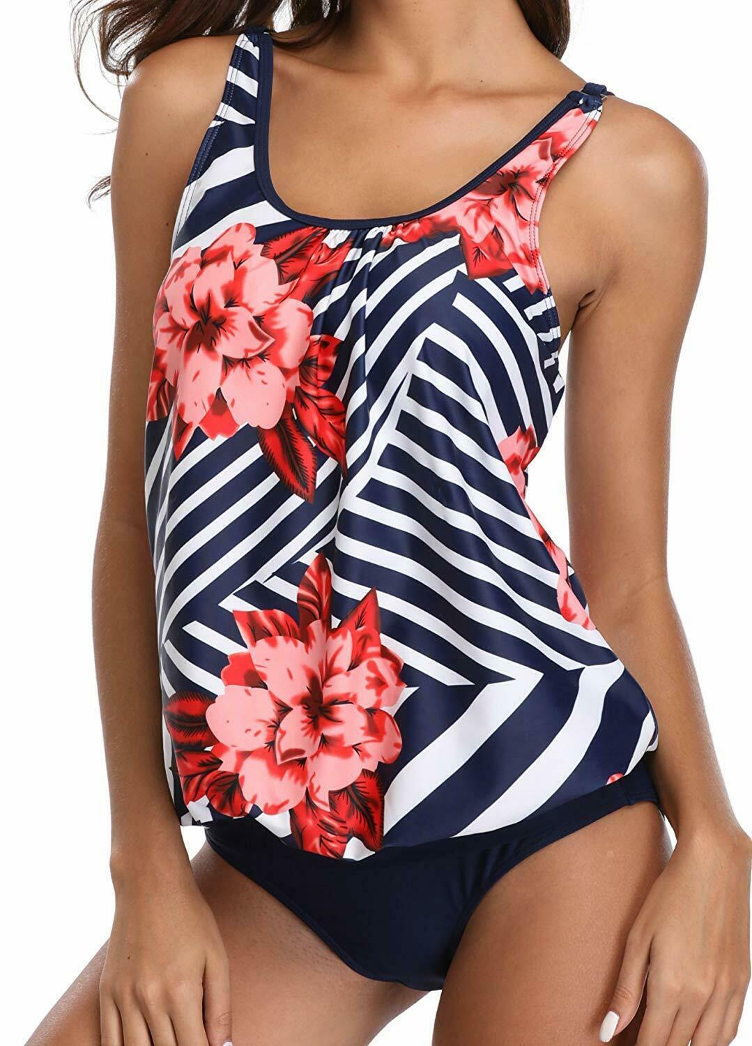 Yonique Womens 2 Piece Blouson Tankini Swimsuits Floral Bathing Suit ...