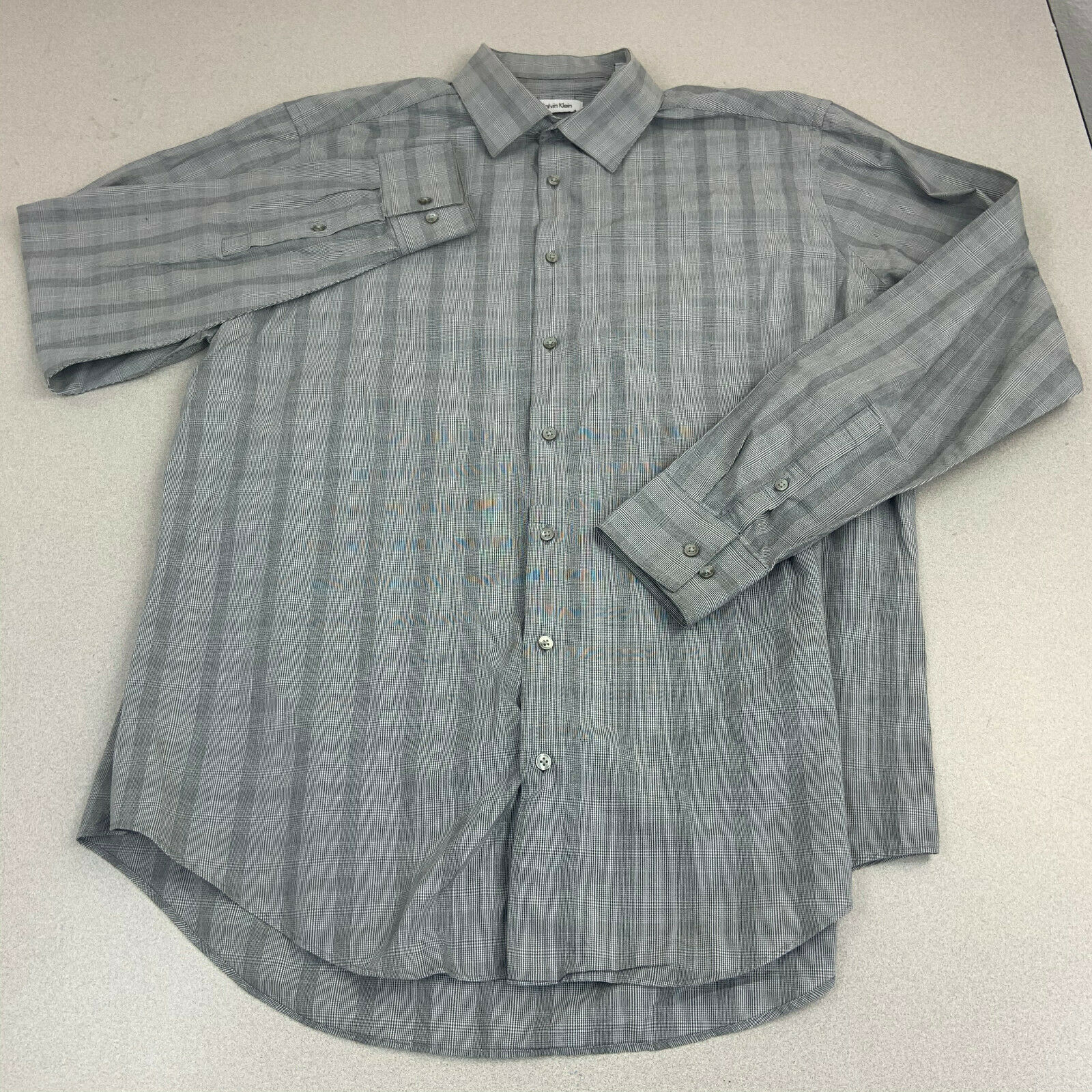 Calvin Klein Dress Shirt Mens 18 36/38 Gray Plaid Long Sleeve Casual ...