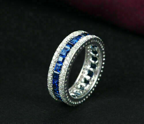 2.00Ct Princess Cut Blue Sapphire 925 Sterling Silver Full Eternity Wedding Band
