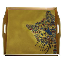 Handpainted tray - Hippie Cat - Square Glass Tray with Gold Aluminium Frame - $199.00